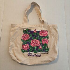 Vintage Rose Canvas Tote Bag - Cream and Pink